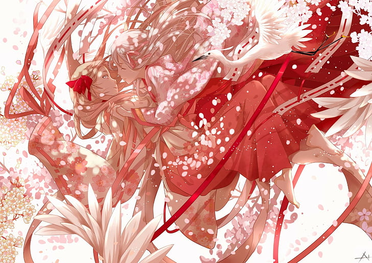 cherry blossom, Japanese clothes, original characters, anime girls