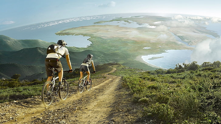 black mountain bike, men, women, cycling, nature, landscape, hills, HD wallpaper