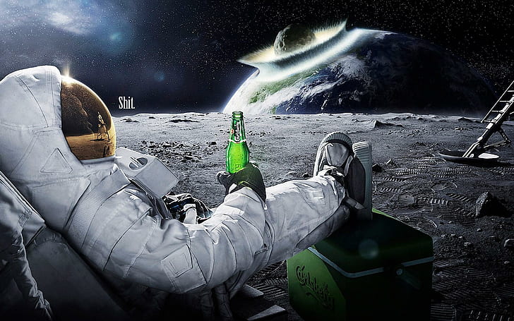 Earth, Moon, Humor, Digital Art, Space, Spaceman, Drink
