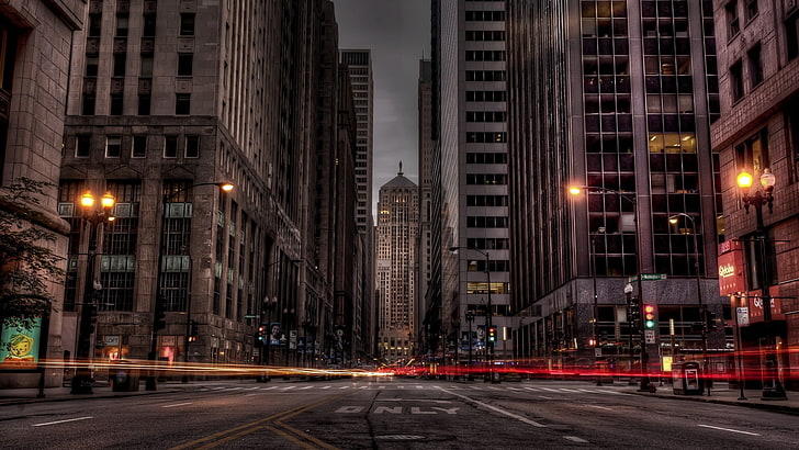 high-rise buildings, photography, city, street, long exposure