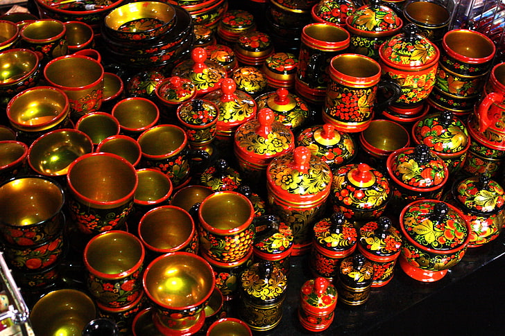red, yellow, and black floral ceramic jar lot, Cup, plates, dishes
