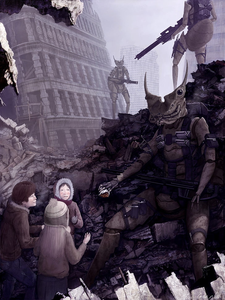 robot and people war painting, apocalyptic, architecture, built structure