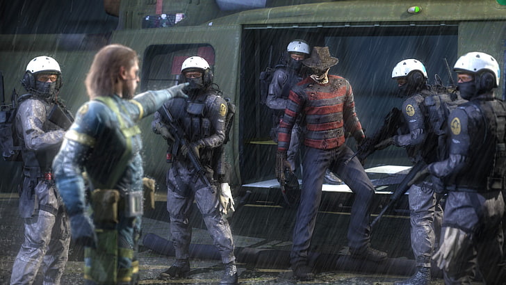 men with white helmet illustration, Metal Gear Solid, Freddy Krueger