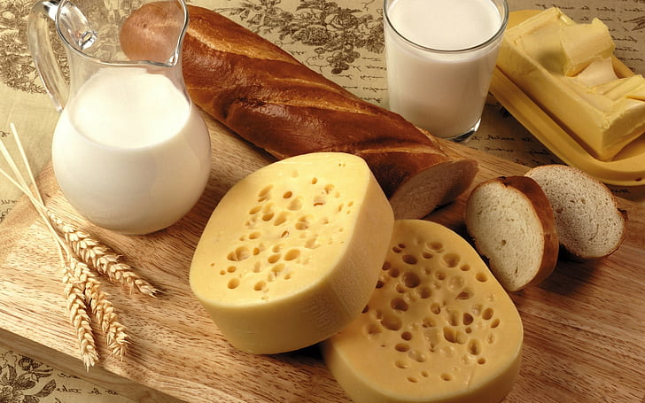 food, bread, cheese, milk, Butter
