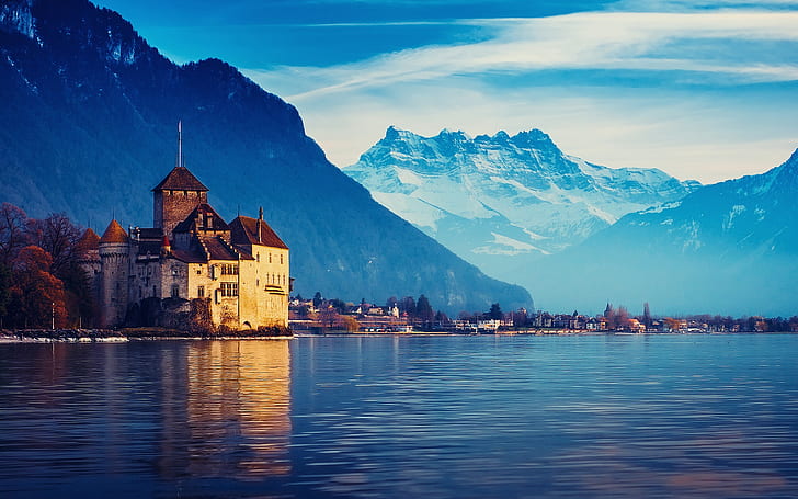 Switzerland, Lake Geneva, house, mountains, water, blue sky