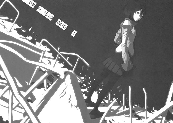 Monogatari Series, anime girls, Oshino Ougi, monochrome, human representation
