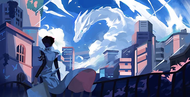 Yu-Gi-Oh!, Seto Kaiba, Blue-Eyes White Dragon, clouds, city, HD wallpaper