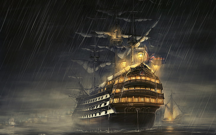 sailing ship while raining painting, ships, sea, light, nautical Vessel, HD wallpaper