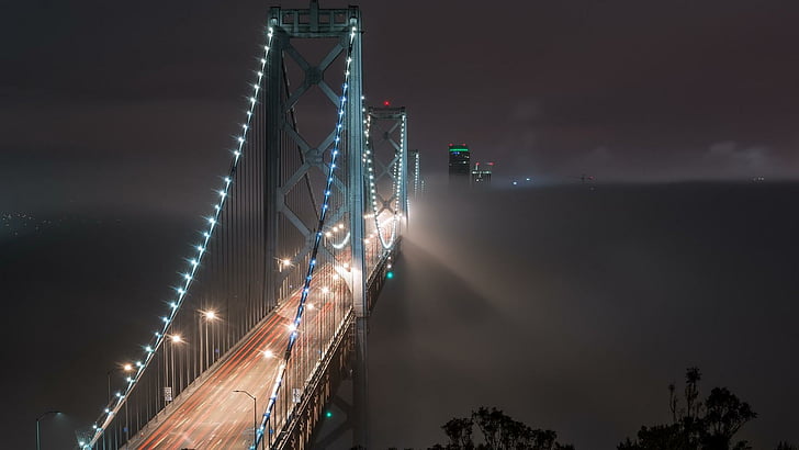 night, landmark, bridge, misty, fog, san francisco bay, darkness