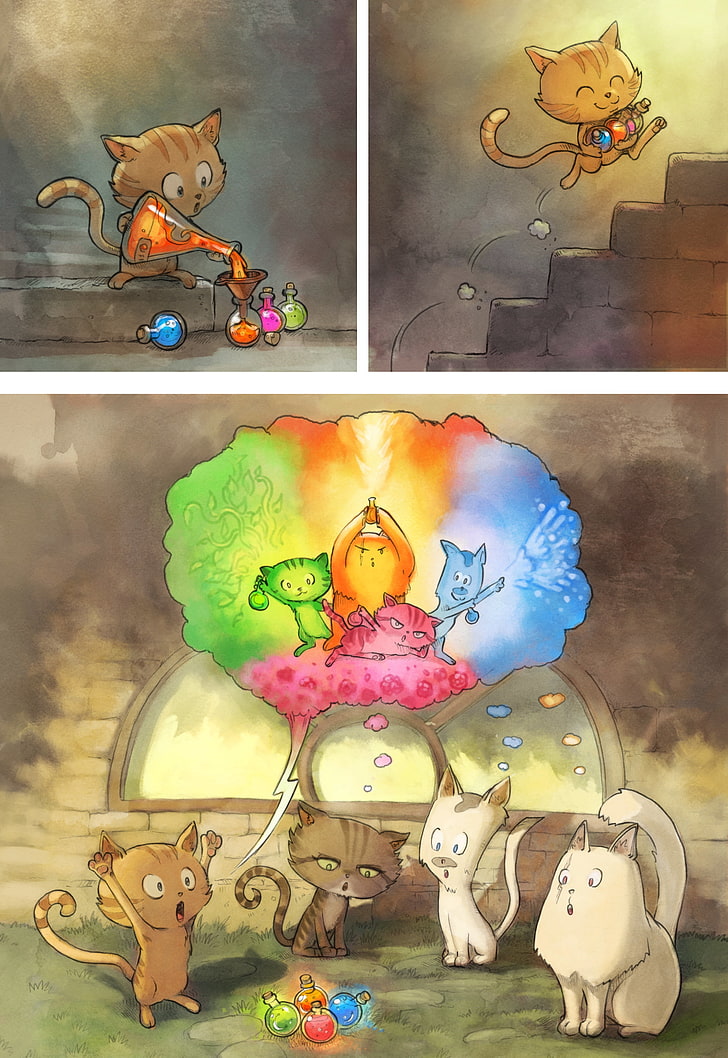 cat illustration collage, cats, comics, art, magic, cloud - sky