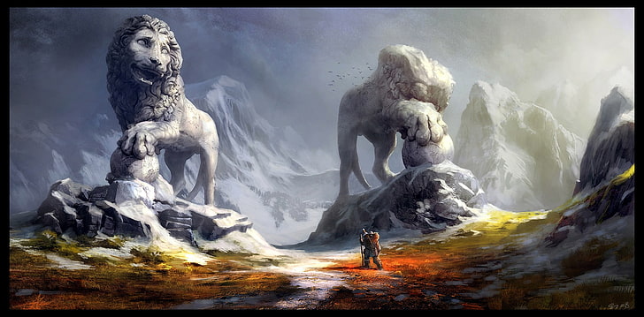 two lion and tiger statue digital wallpaper, road, warrior, beauty in nature