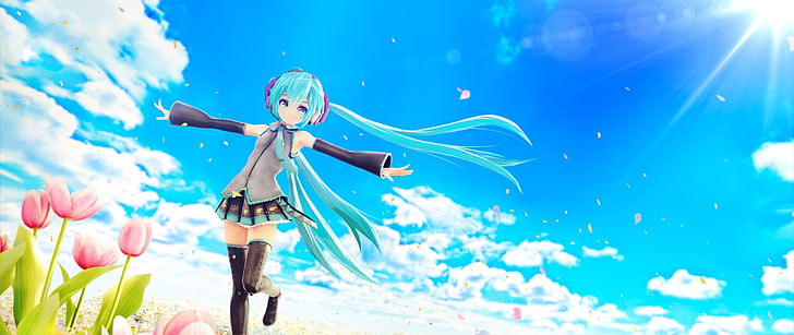 Hatsune Miku, flowers, anime, clouds, blue hair, one person