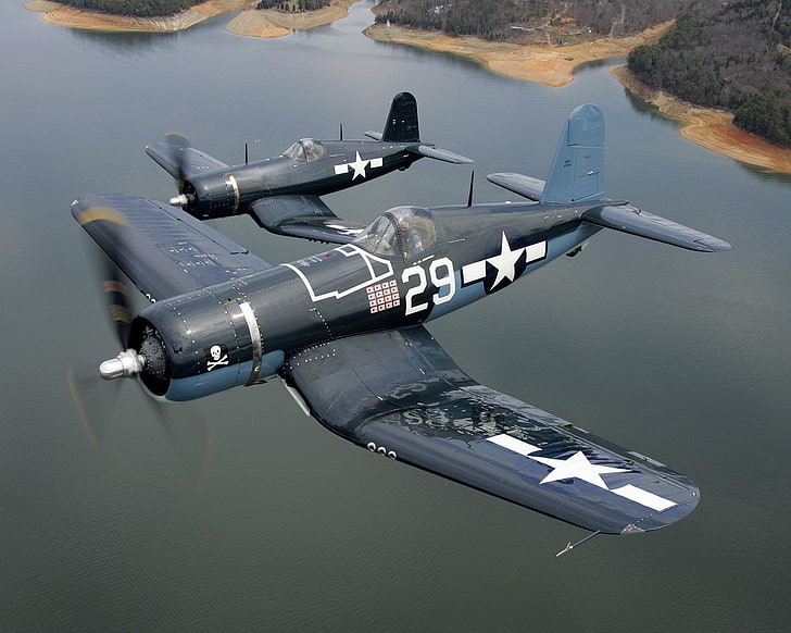 two black-and-gray fighting jets, Military Aircrafts, Vought F4U Corsair
