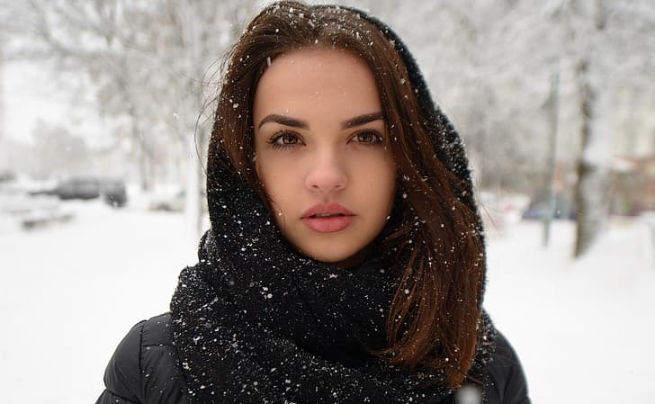 winter, look, girl, face, sweetheart, model, portrait, scarf, HD wallpaper