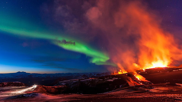 cloud, icecap, stratovolcano, iceland, northern lights, aurora borealis, HD wallpaper