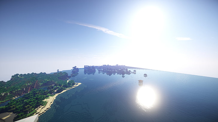 aerial view of beach, Minecraft, lava, water, Sun, sea, mountains, HD wallpaper