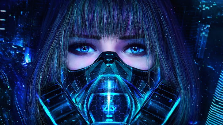 digital art, futuristic, woman, mask, toxic mask, girl, blue