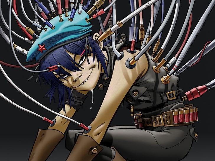 Gorillaz, Jamie Hewlett, Noodle, wires, cable, technology, connection, HD wallpaper