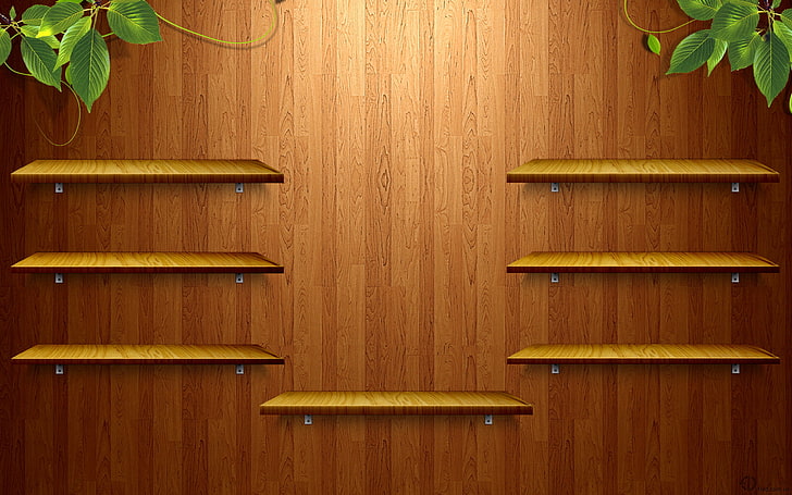brown wooden wall-mount racks, greens, tree, texture, shelves