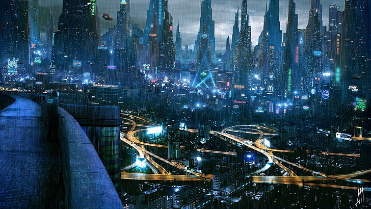 aerial photography of city escape at nighttime, cyberpunk, cityscape