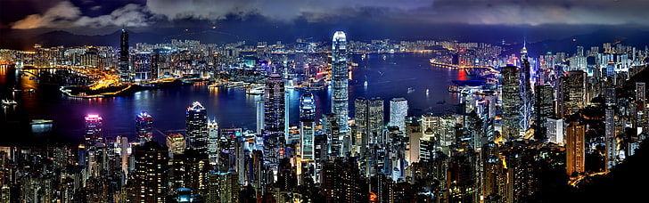 city establishments, Hong Kong, night, harbor, skyscraper, building, HD wallpaper