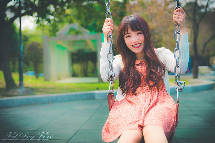 Asian, swings, women, model, smiling, urban, women outdoors, HD wallpaper