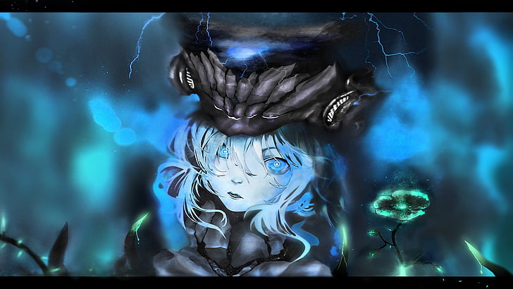 computer game character, blue eyes, lightning, Cosmos (flower)