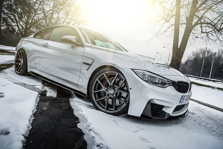 white BMW M4, f30, headlights, side view, car, land Vehicle, snow