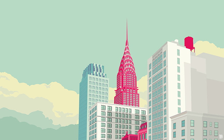 pink building illustration, digital art, Remko Heemskerk, clouds, HD wallpaper