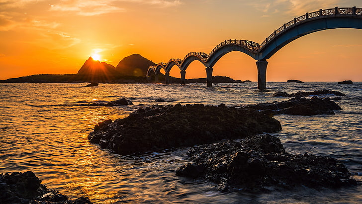 bridge, nature, sunlight, water, Sanxiantai, Taiwan, sunset, HD wallpaper