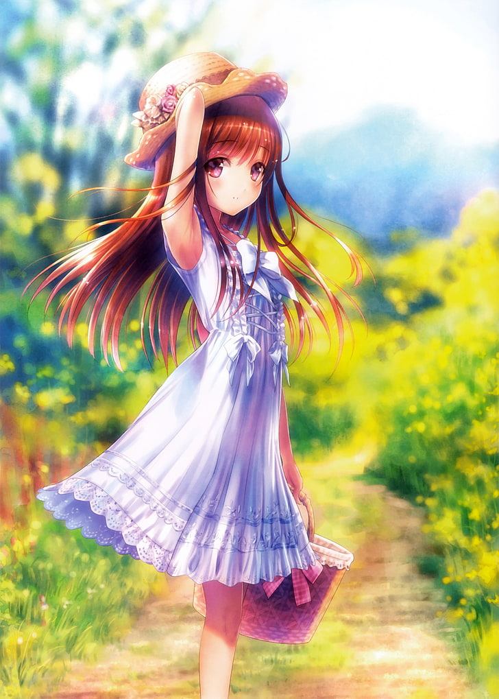 HD wallpaper: anime girl, yellow flowers, white dress, summer, strawhat,  basket | Wallpaper Flare