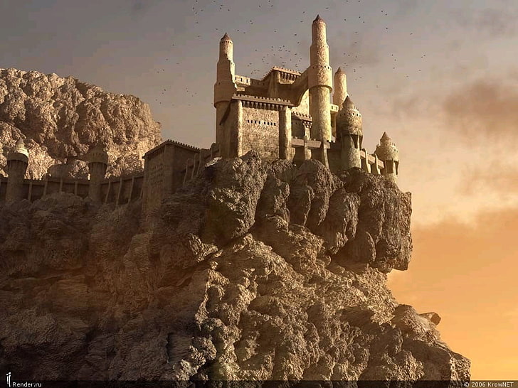 beige concrete castle, cliff, birds, fantasy art, architecture, HD wallpaper