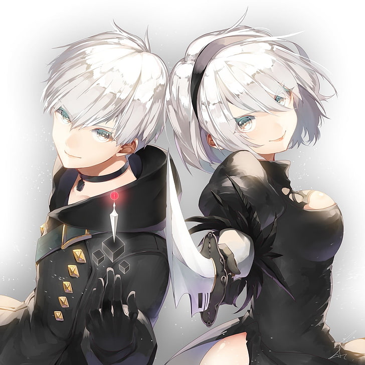 two female anime characters, white background, black dress, NieR