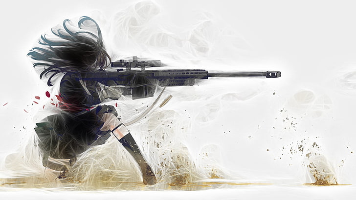 anime, gun, weapon, anime girls, white background, sniper rifle, HD wallpaper