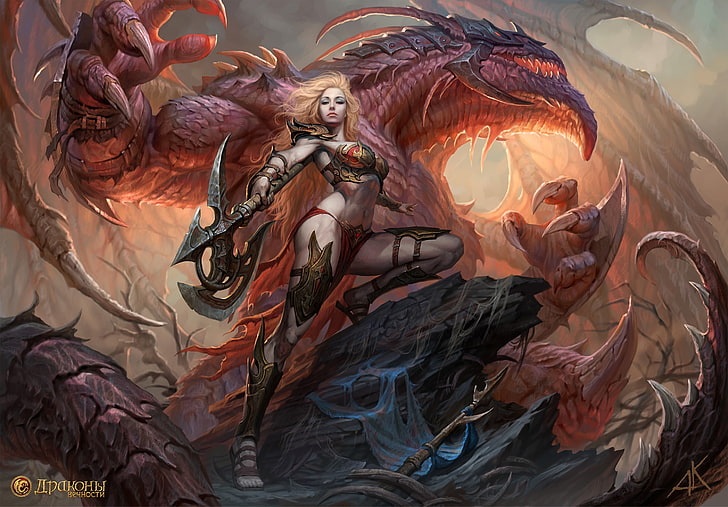 dragon illustration, women, armor, axes, magic, close-up, creativity