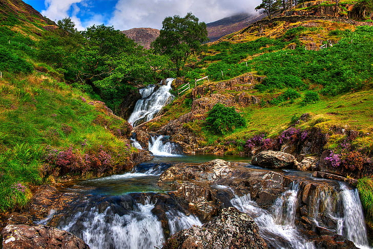 GB, Snowdonia, sky, clouds, rocks, river, stream, trees, mountains, HD wallpaper