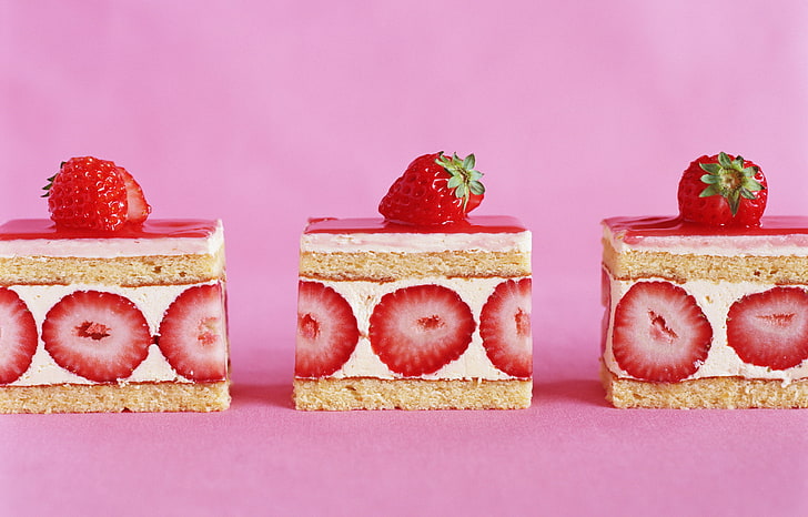 food, strawberries, cake, dessert, pink, food and drink, fruit, HD wallpaper