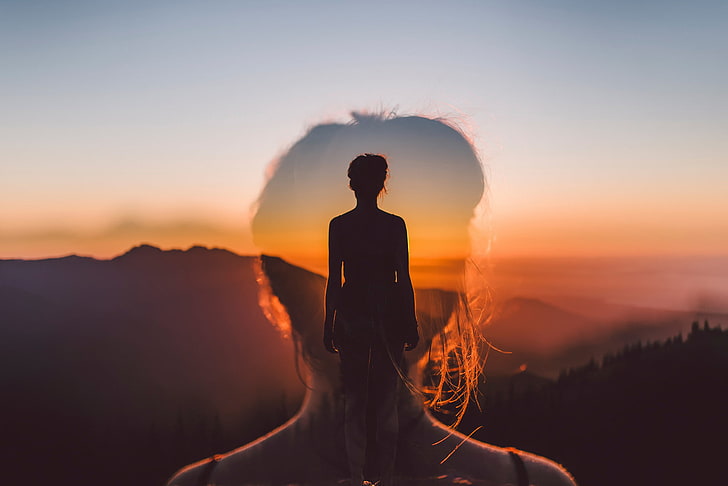 silhouette of woman, girl, sunset, double exposure, Believe In Yourself