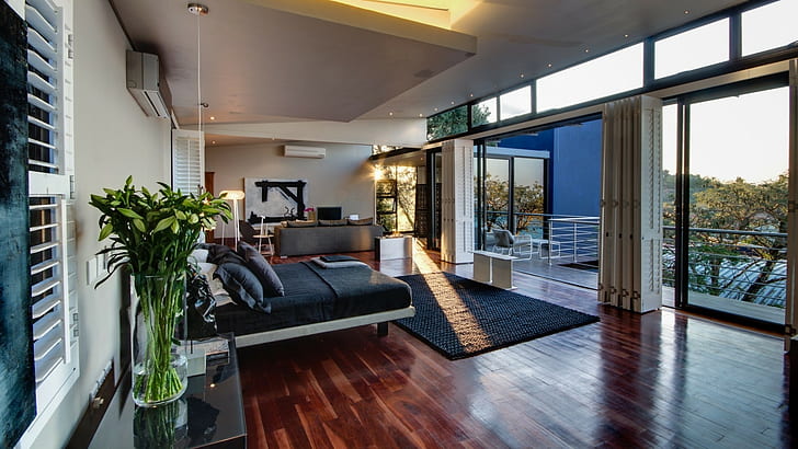 interior design, bedroom, window, sunlight, vases, wooden surface, HD wallpaper