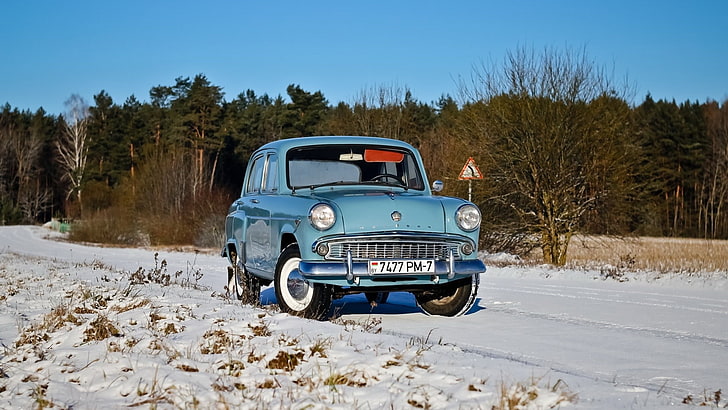 winter, snow, car, vehicle, blue cars, Moskvich, Russian cars, HD wallpaper