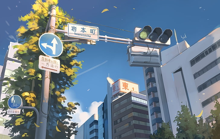 anime landscape, city, street, buildings, sky, building exterior