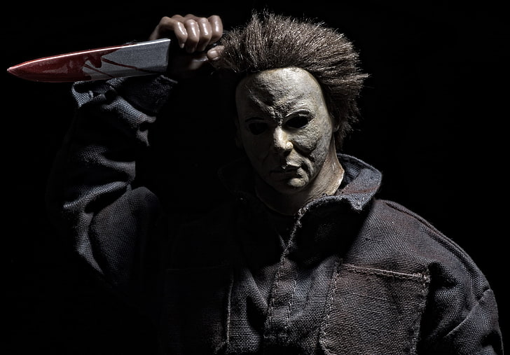 toy, mask, knife, Halloween, Michael Myers, studio shot, black background, HD wallpaper