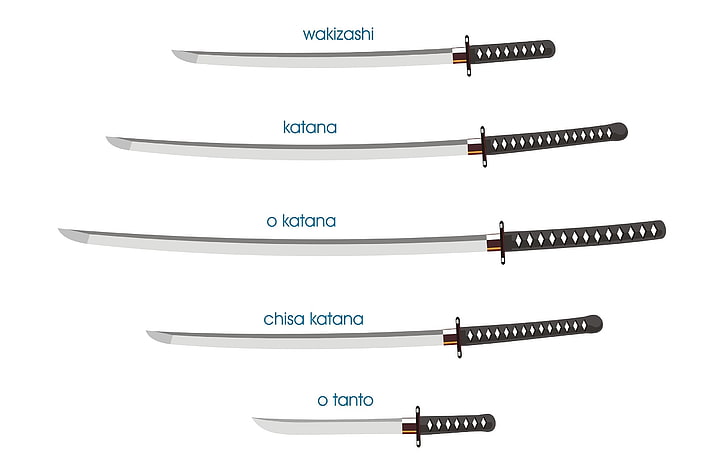 wakizashi, katana, o katana, chisa katana, and o tanto artwork, gray steel katana with black handles