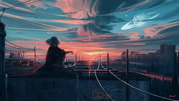 sunset from the city tower anime digital art illustration paint background  wallpaper ilustração do Stock