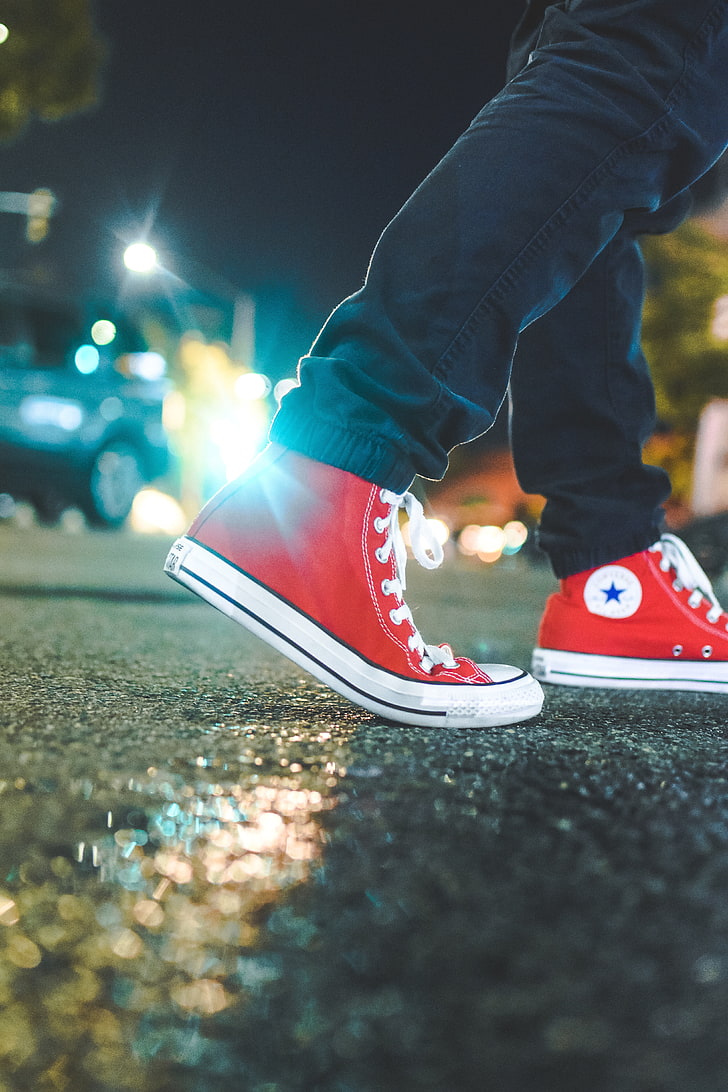 pair of red-and-white Converse All-Star high-tops, gumshoes, legs, HD wallpaper