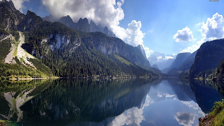 bod of water near moutains, clouds, reflection, Austria, Dachstein, HD wallpaper