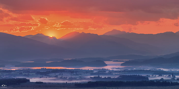 silhouette mountain, mountains, fog, sunset, loch lomond, scotland, HD wallpaper