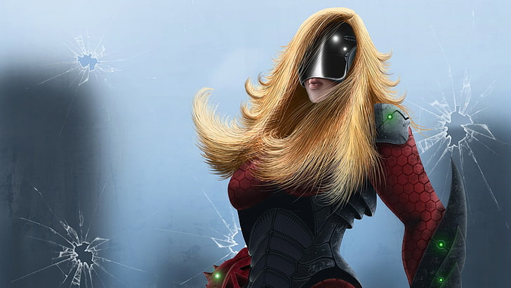 female character with blonde hair wearing red and black suit digital wallpaper