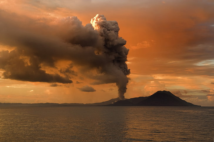 brown volcano, smoke, sunset, nature, landscape, water, hills, HD wallpaper