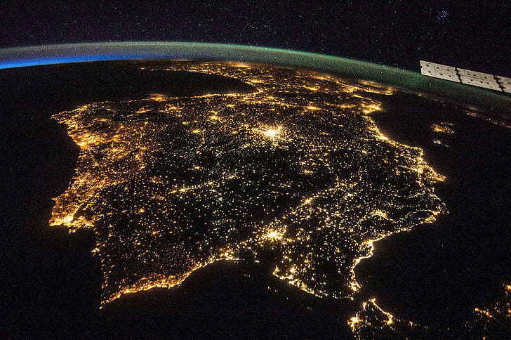 andorra, Earth, gibraltar, iberian, lights, nasa, night, peninsula, HD wallpaper